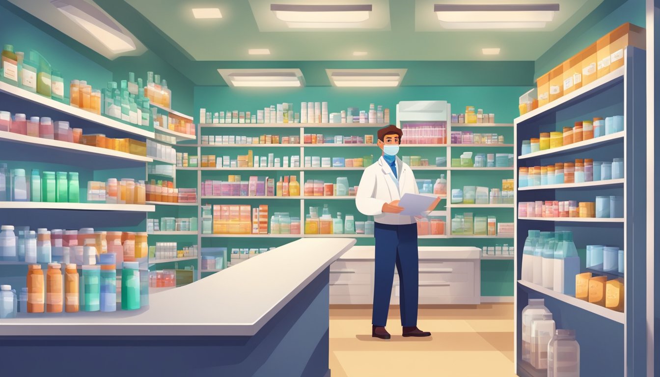 The pharmacy is brightly lit, with shelves stocked full of medication and health products. A pharmacist stands behind the counter, ready to assist customers