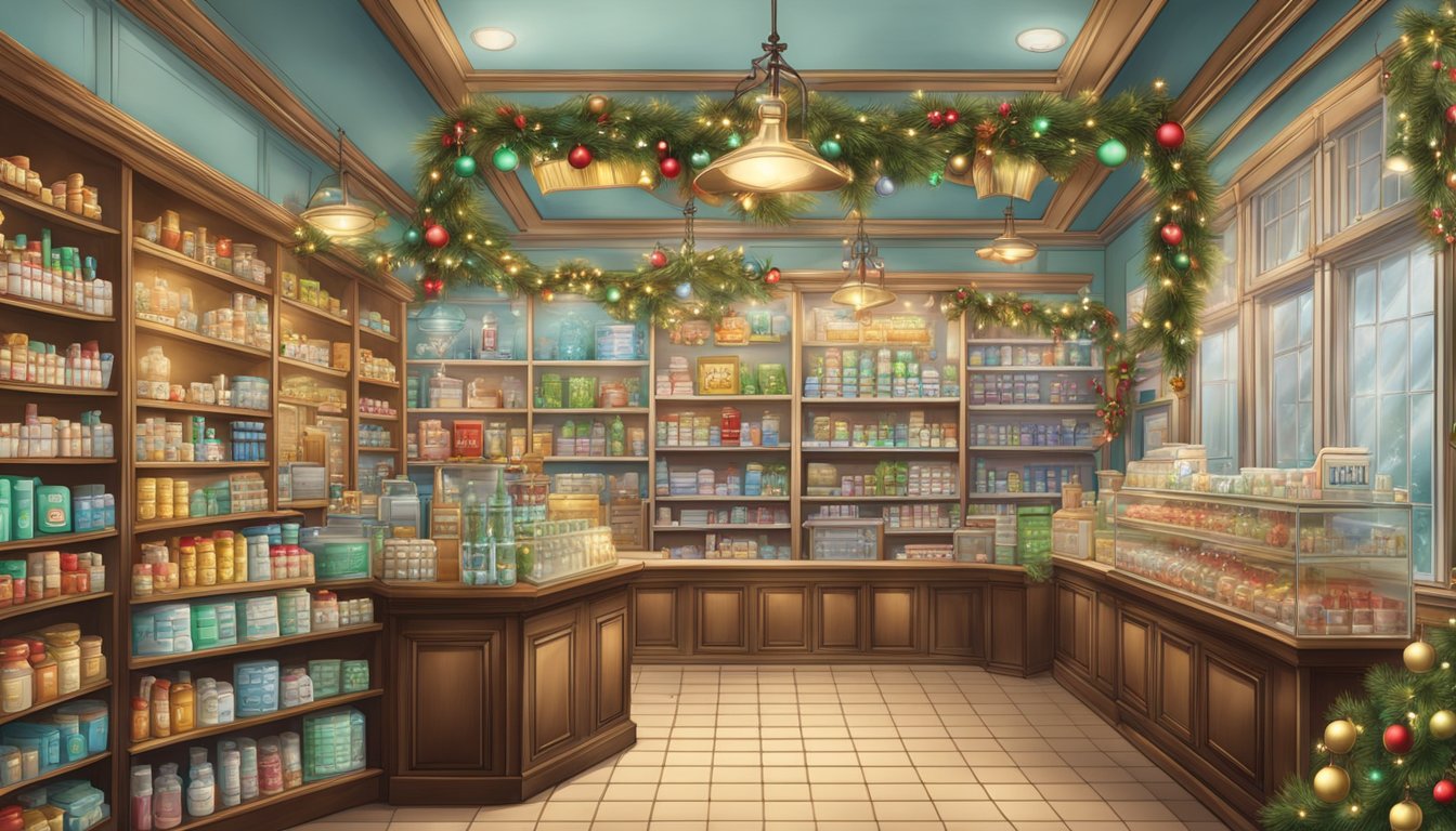 The pharmacy is adorned with festive decorations, with a sign indicating special holiday hours and openings