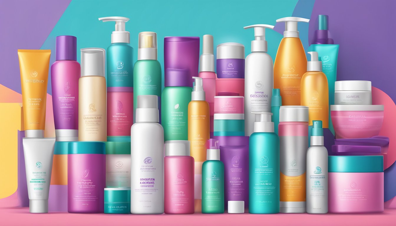 A variety of personal care products arranged in a colorful display with vibrant packaging, including skincare, haircare, and hygiene items