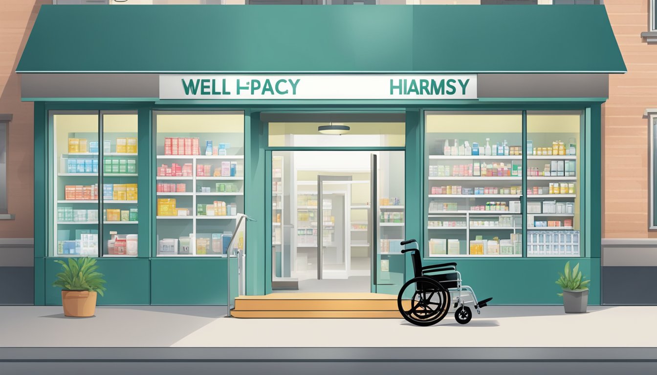 A well-lit pharmacy with an open entrance, wheelchair ramp, and clear signage indicating the hours of operation