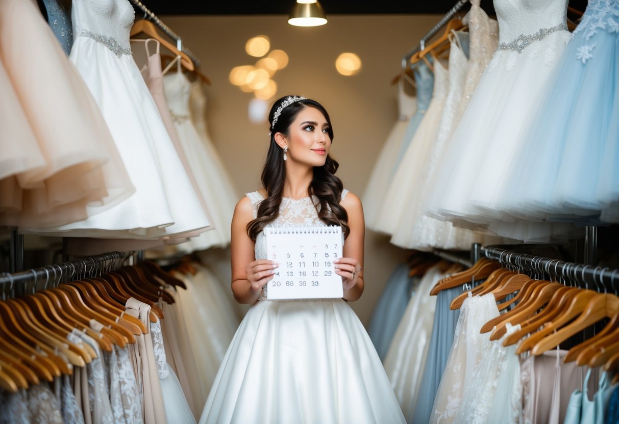 A bride-to-be surrounded by racks of wedding dresses, holding a calendar and looking contemplative