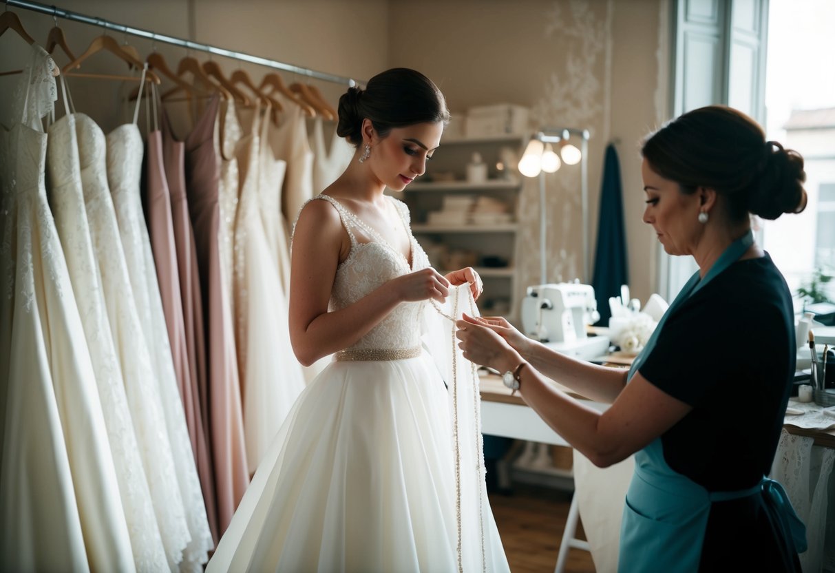 A seamstress meticulously measures a flowing white gown in a sunlit atelier filled with lace, silk, and delicate beading