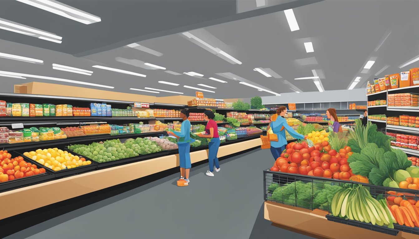 A bustling H-E-B grocery store in Lubbock, Texas, with colorful produce displays, busy checkout lanes, and friendly staff assisting customers