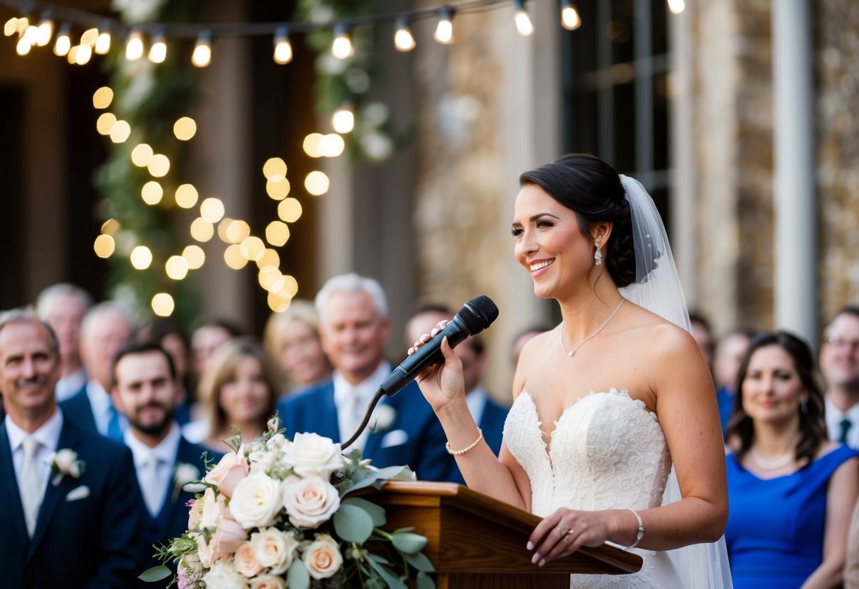 A bride stands at a podium, surrounded by flowers and twinkling lights. She holds a microphone, smiling as she speaks to her guests