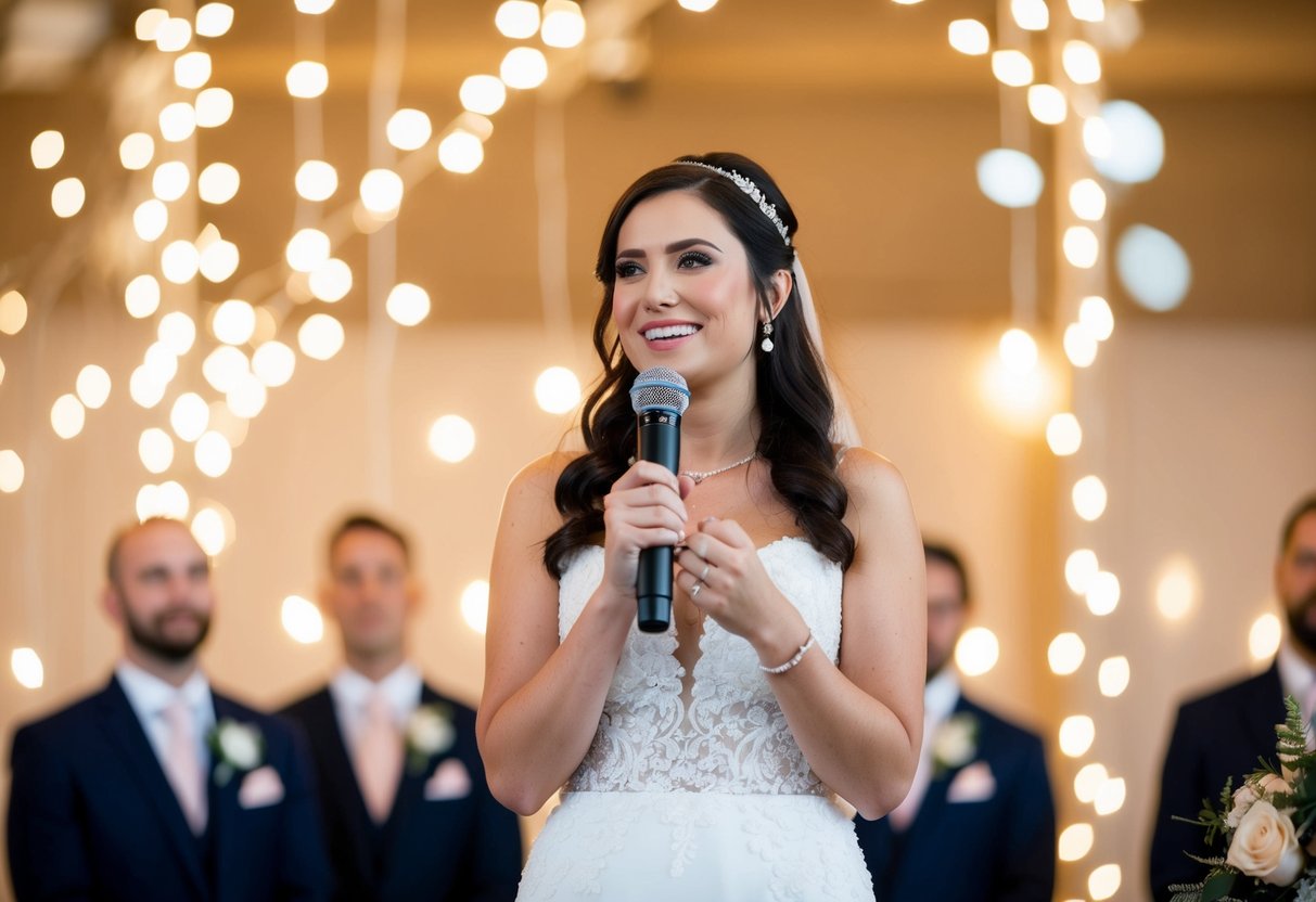 A bride stands at a microphone, surrounded by twinkling lights and flowers, as she delivers a heartfelt speech