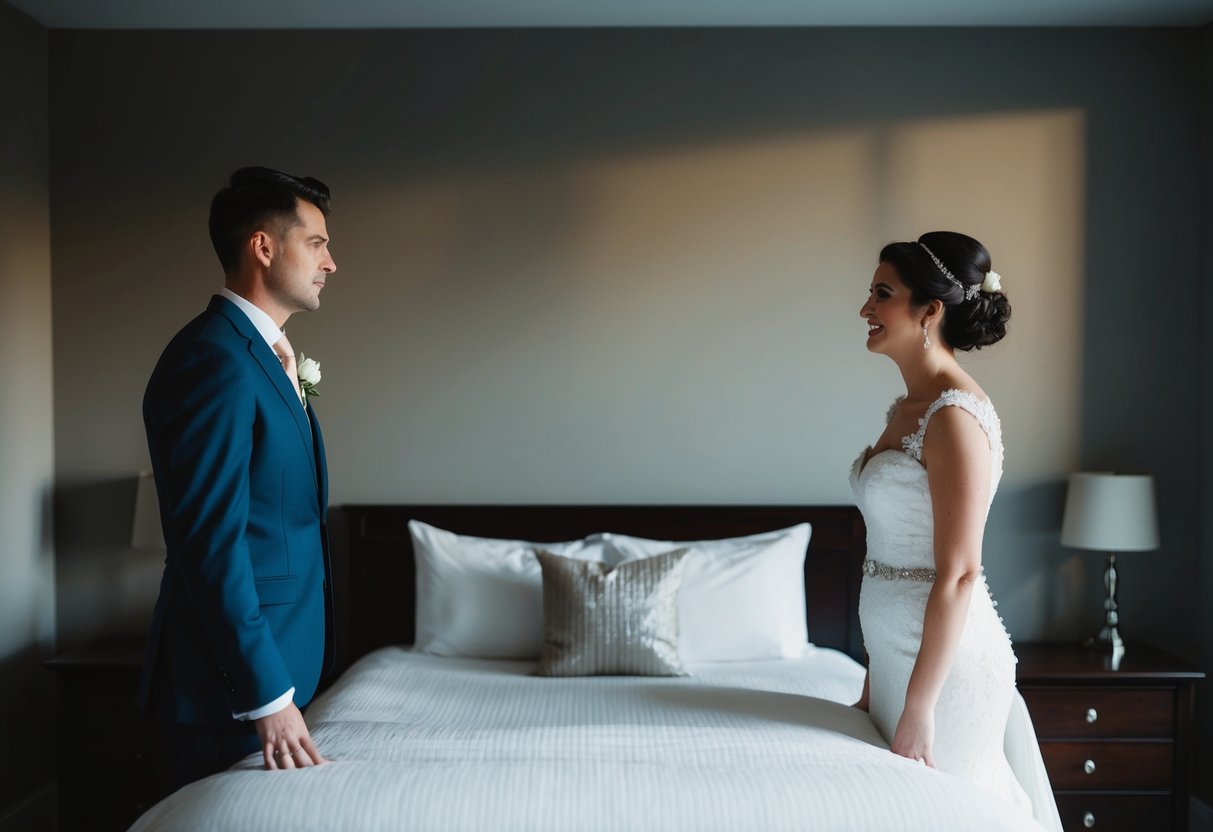 A bride and groom stand on opposite sides of a bed, each looking hesitant to approach the other. The room is dimly lit, casting shadows on the walls