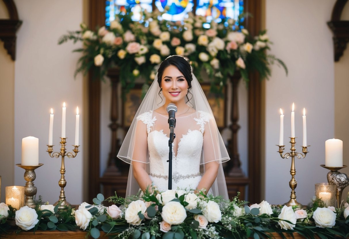 A bride stands in front of a microphone, surrounded by symbols of tradition such as flowers, candles, and family heirlooms