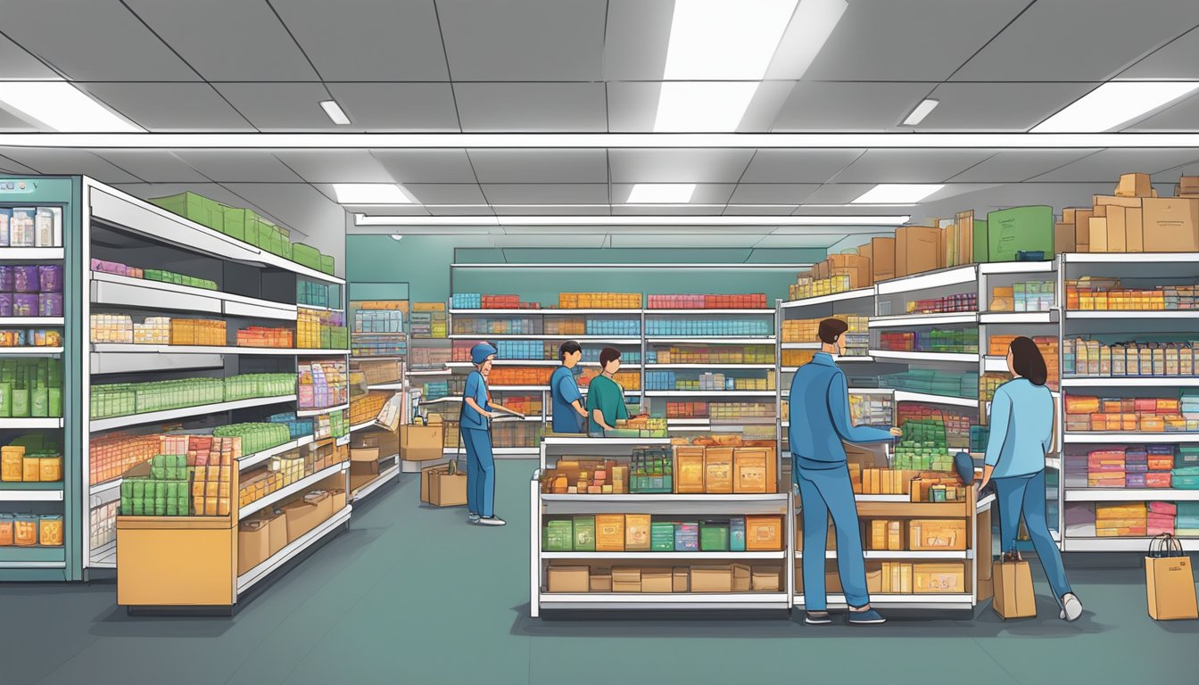 Shelves stocked with various products, employees assisting customers, and a checkout area with multiple registers