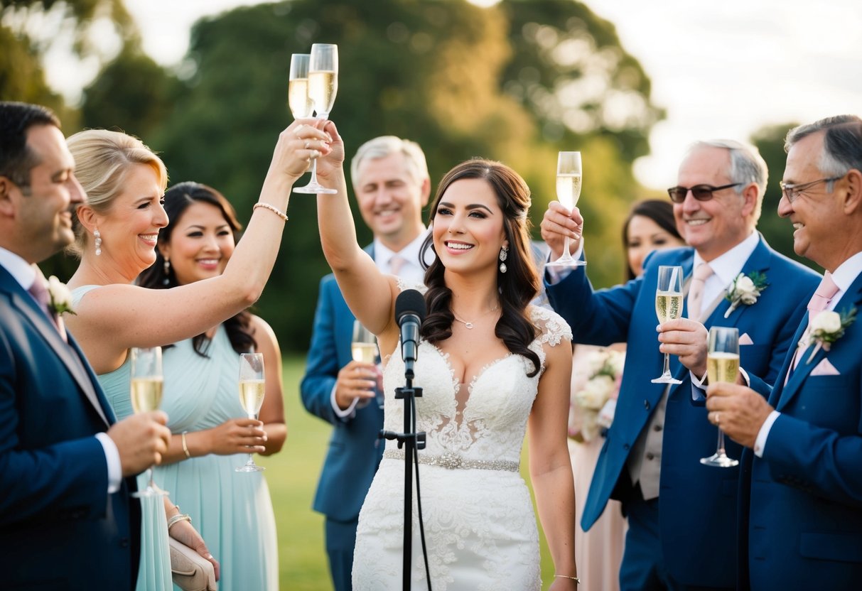 A bride standing at a microphone, surrounded by smiling guests, raising a champagne glass in a toast