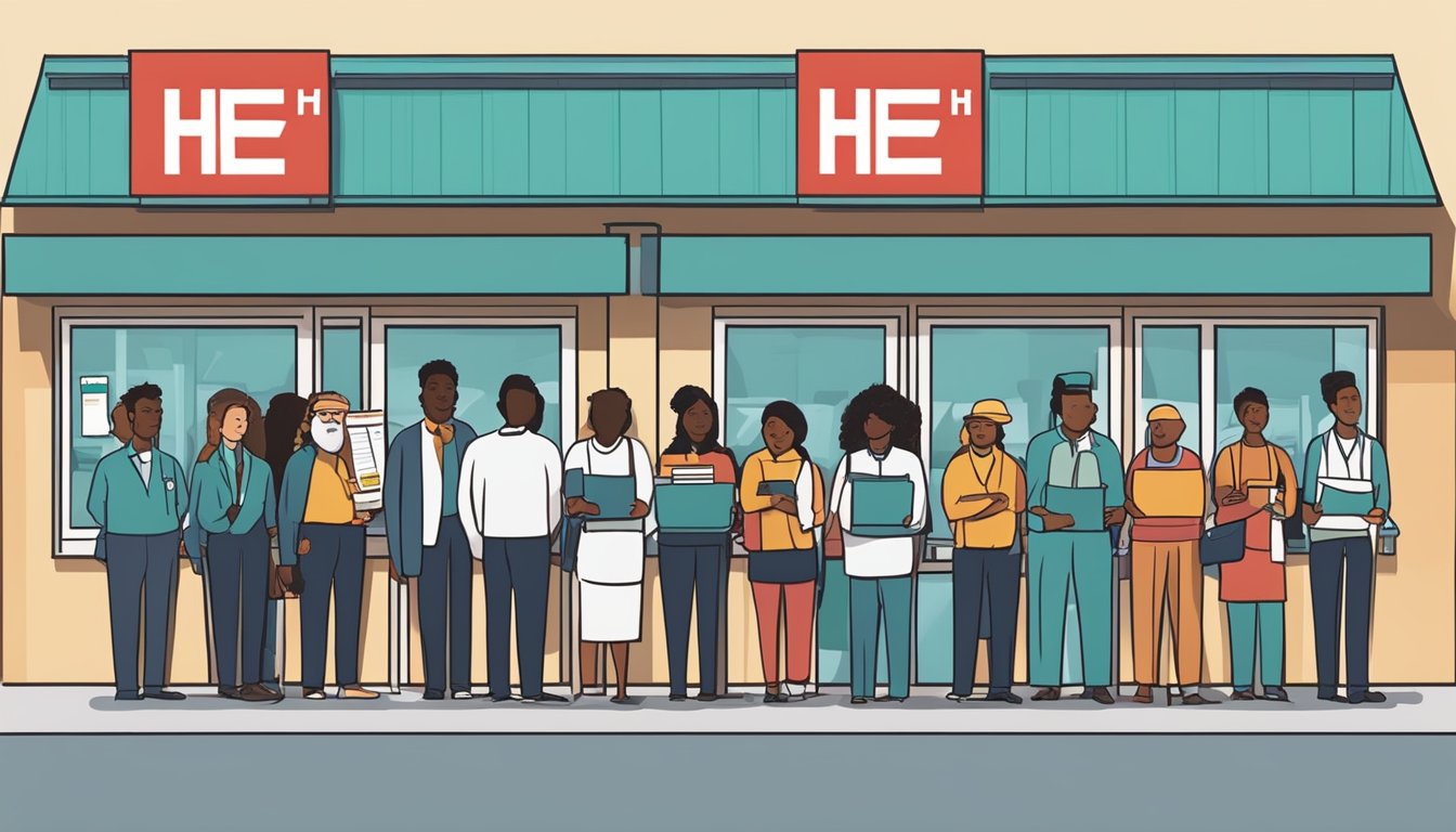 A line of diverse applicants wait outside a brightly lit HEB store, each holding a resume and wearing professional attire