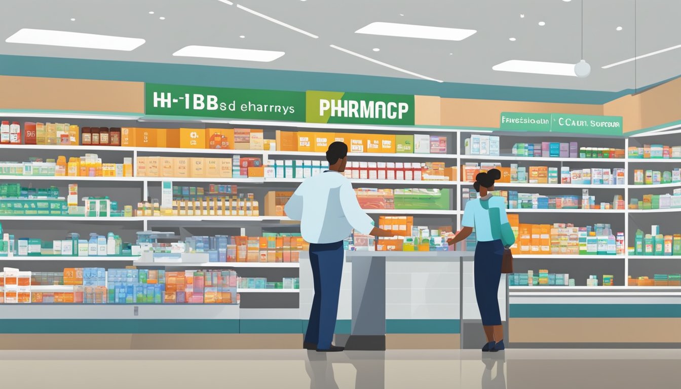 A brightly lit H-E-B pharmacy with a visible clock showing the current hours of operation. Shelves stocked with various medications and a counter with a pharmacist assisting a customer