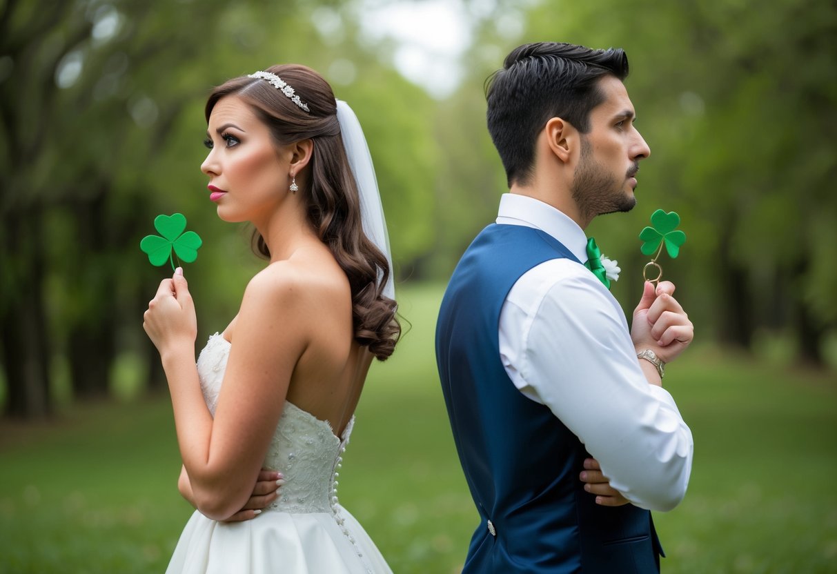 A bride and groom standing back to back, each looking in opposite directions with worried expressions on their faces. The bride holds a four-leaf clover while the groom clutches a rabbit's foot keychain