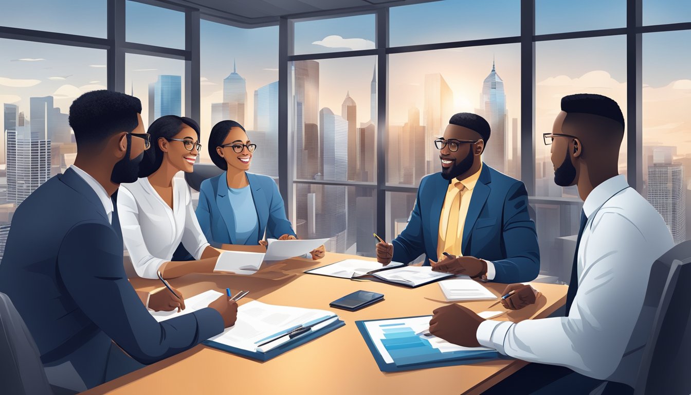 A diverse group of professionals discussing career advancement and benefits in a modern office setting with a view of the city skyline