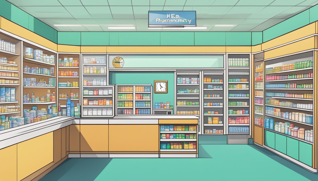 A brightly lit pharmacy counter with shelves of medication and a clock showing the opening hours of H-E-B Pharmacy