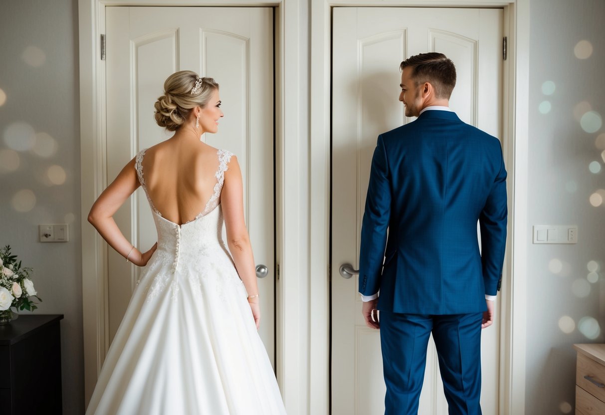 A bride and groom stand on opposite sides of a closed bedroom door, hesitating to spend the wedding eve together