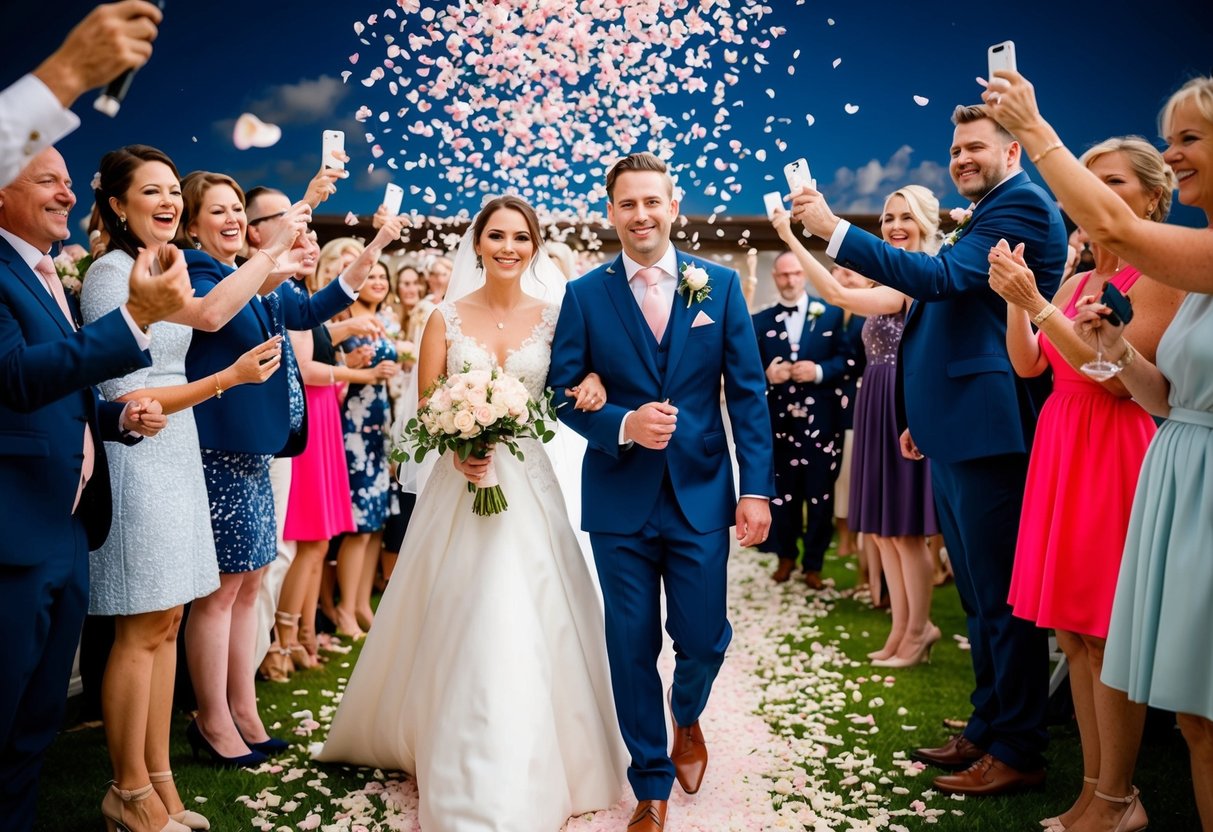 A bride and groom walk under a shower of rose petals, surrounded by cheering guests and music