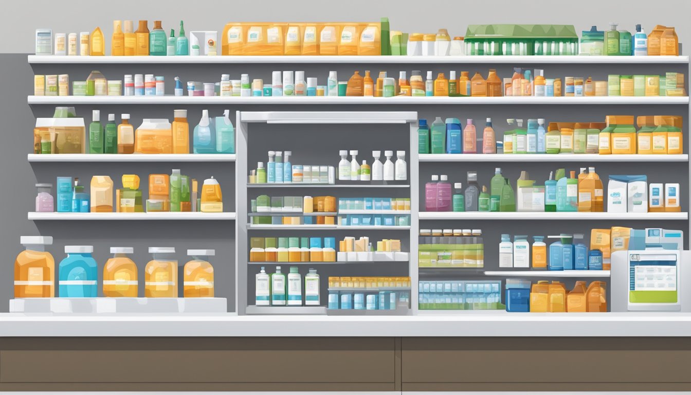 The pharmacy counter with various products and services displayed, including a sign indicating "Additional Services and Offerings."