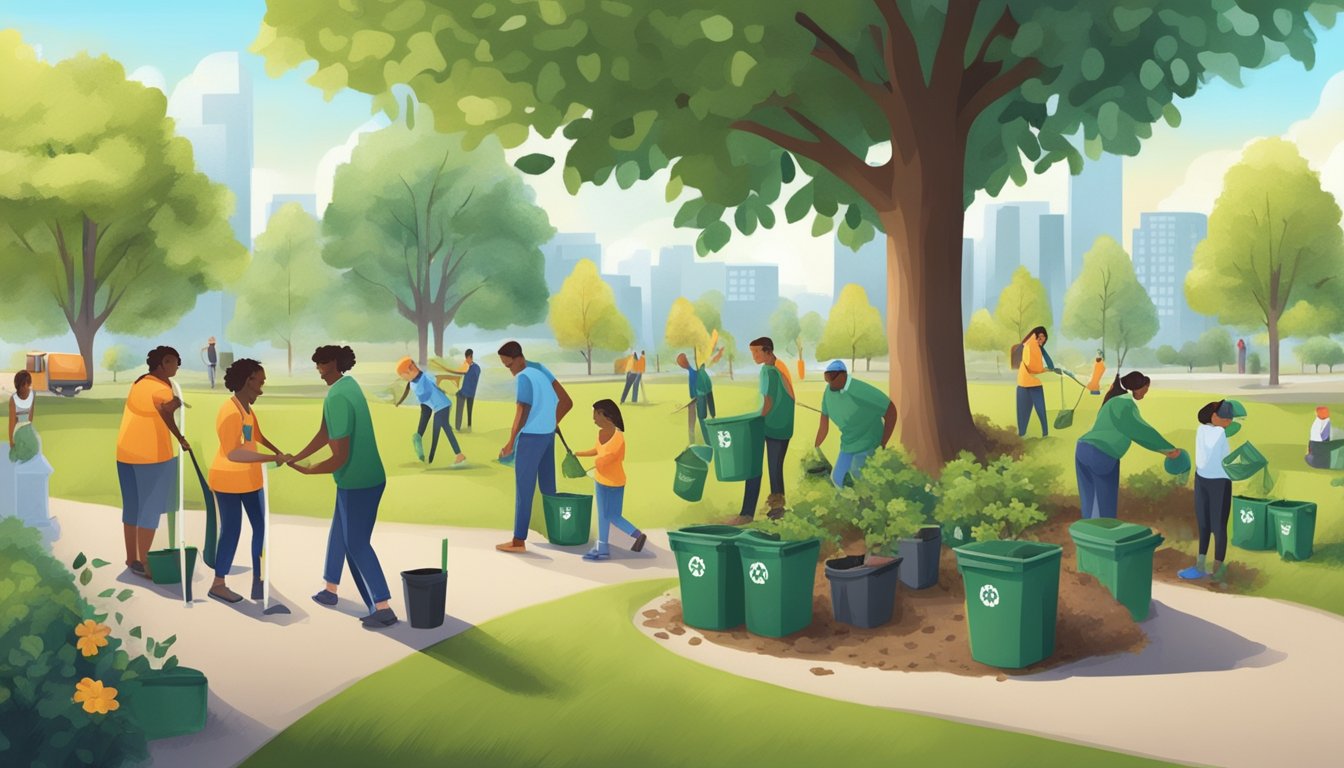 A group of people working together to plant trees and clean up a local park, with recycling bins and composting stations nearby