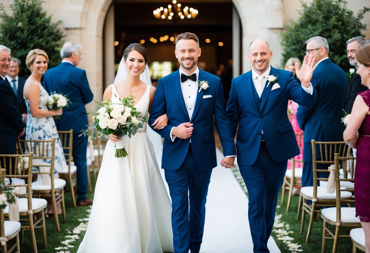 A bride and groom walk hand in hand down the aisle, smiling and waving to their guests as they exit the wedding ceremony