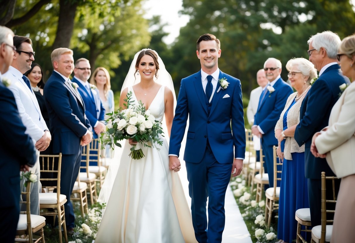 A bride and groom walking down the aisle, surrounded by guests, with a beautiful outdoor ceremony setting