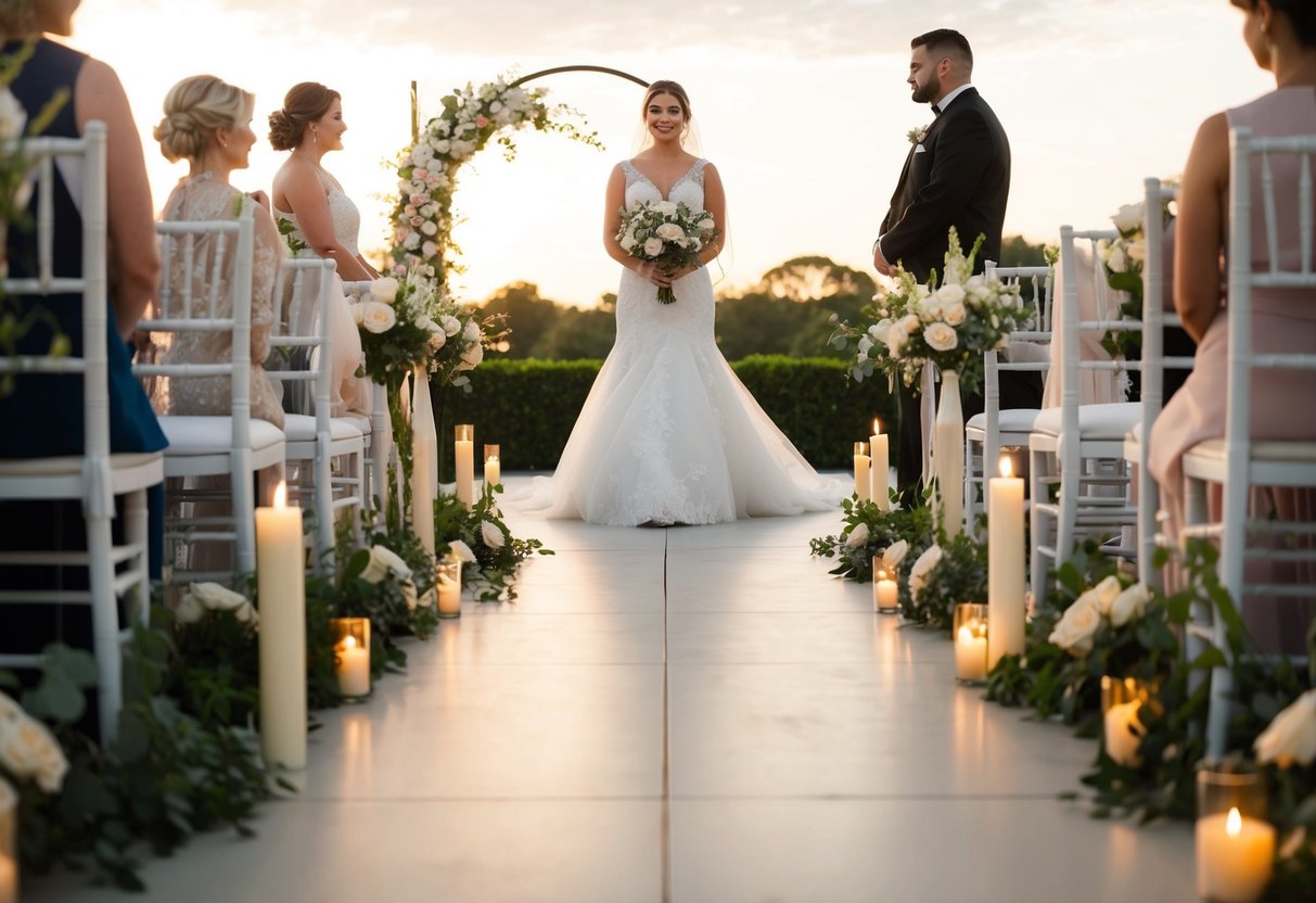 A bride stands at the start of an empty aisle, surrounded by flowers and candles. The soft glow of the setting sun casts a warm light on the scene