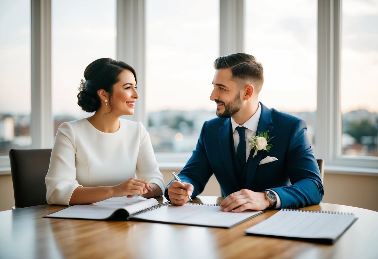 A couple sitting at a table with a calendar, discussing and planning for their upcoming wedding