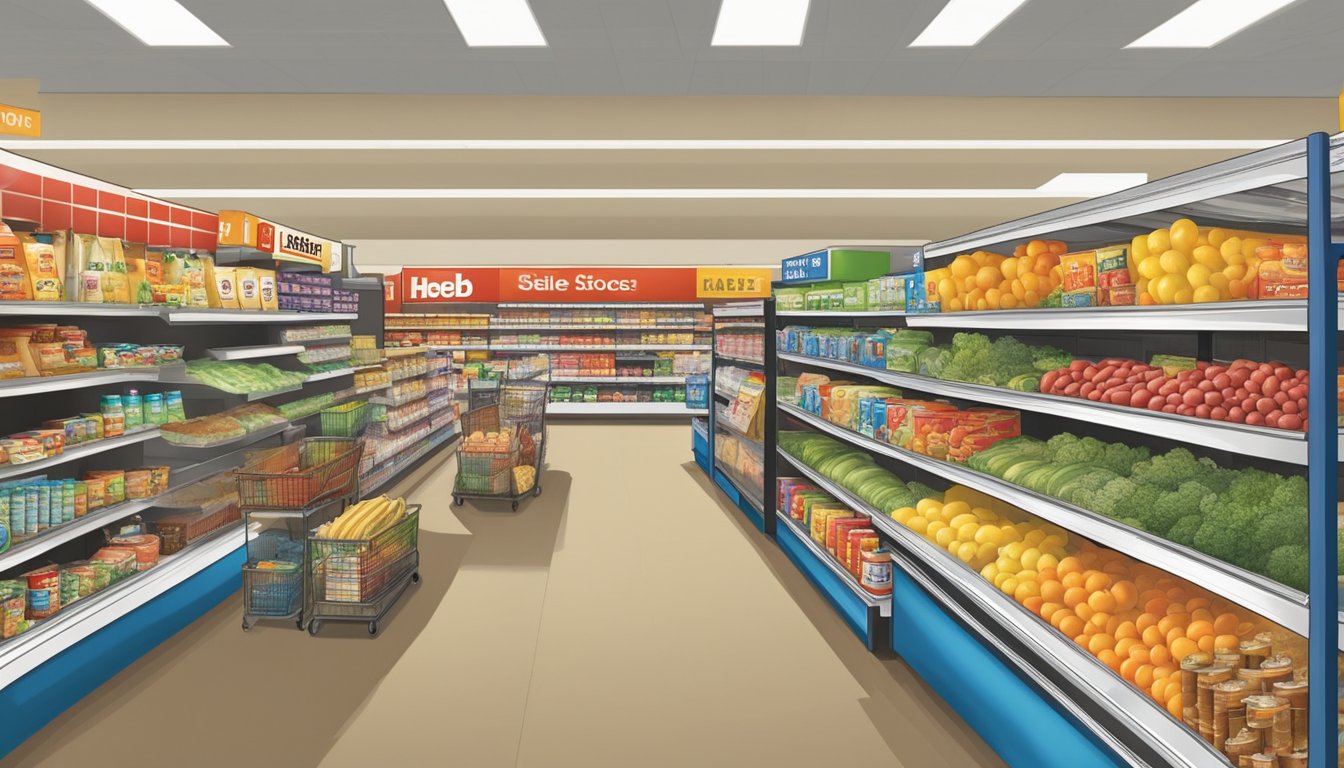 Aisle signs mark the various departments in a bustling HEB store in Mansfield. Customers browse shelves and displays filled with groceries and household items