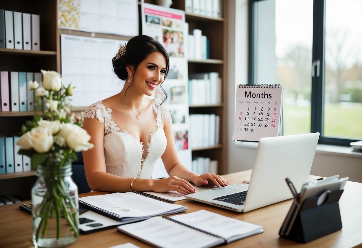 A bride sits at a desk with a planner, surrounded by wedding magazines and a laptop. A calendar is open to seven months before the wedding date