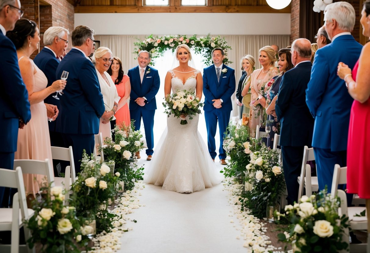 A bride stands at the end of a flower-lined aisle, surrounded by her loved ones, as she prepares to walk down the aisle during the wedding rehearsal
