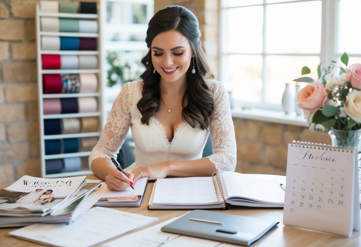 A bride-to-be sits at a table, surrounded by wedding magazines, fabric swatches, and a calendar. She is making notes and sketches in a planner, with a happy and focused expression