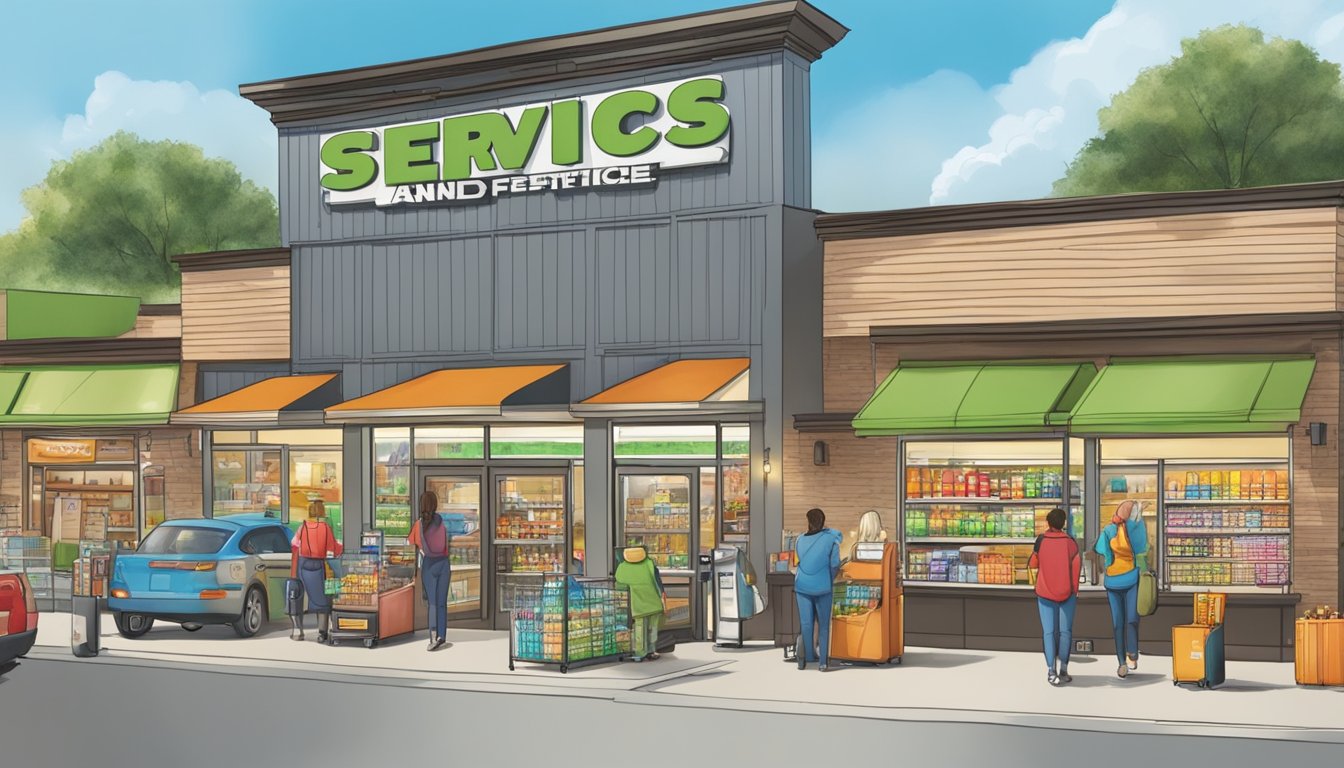 A bustling storefront with a prominent "Services and Features" sign, surrounded by various amenities and products at the HEB in Mansfield