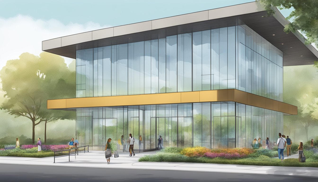 A modern visitor information center at the HEB Center with a sleek entrance and large glass windows, surrounded by landscaped gardens