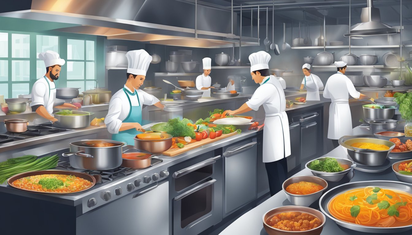 A bustling kitchen with chefs preparing dishes, pots simmering on stovetops, and plates being garnished with colorful ingredients