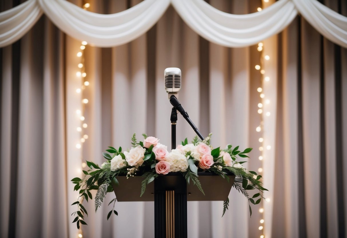 A microphone stands on a podium decorated with flowers, in front of a backdrop of twinkling lights and drapery