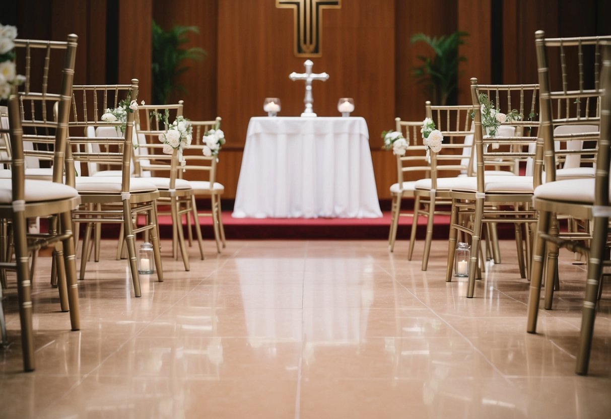 An empty aisle with two chairs at the altar, no guests in sight