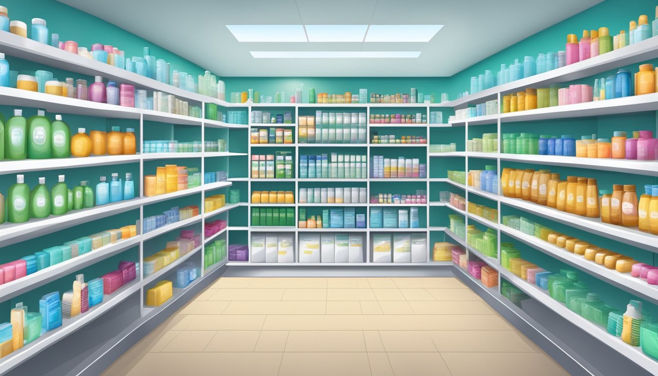 A modern pharmacy with shelves of wellness products and colorful displays