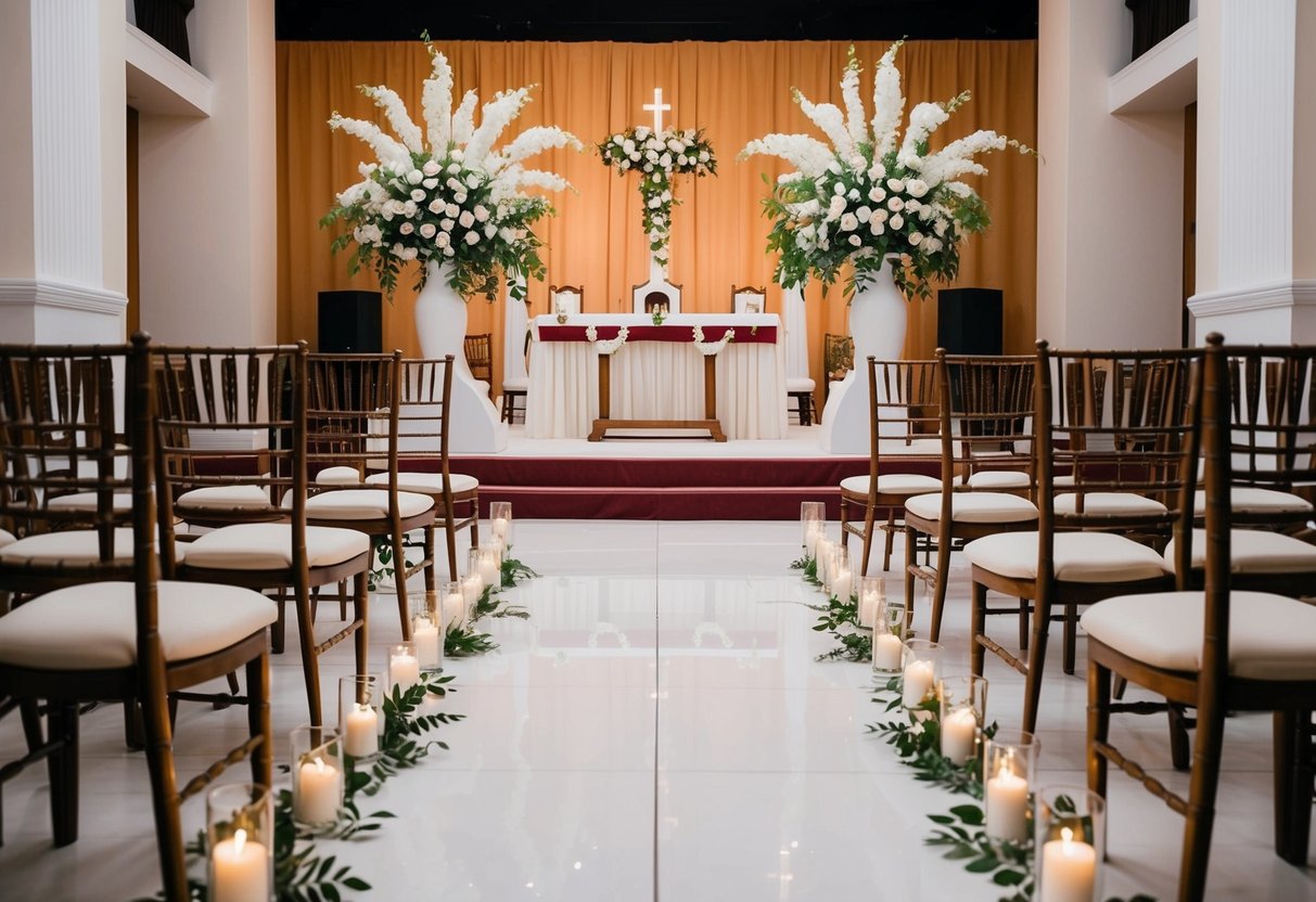 A traditional wedding scene with no wedding party, featuring a beautifully decorated venue with empty chairs and a ceremonial altar