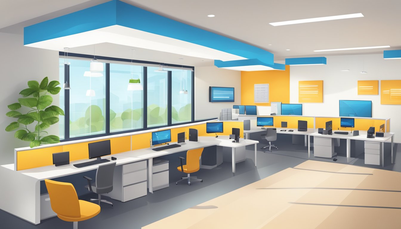 A modern customer service center with a help desk, phones, and computer stations. Bright, open space with a friendly, welcoming atmosphere