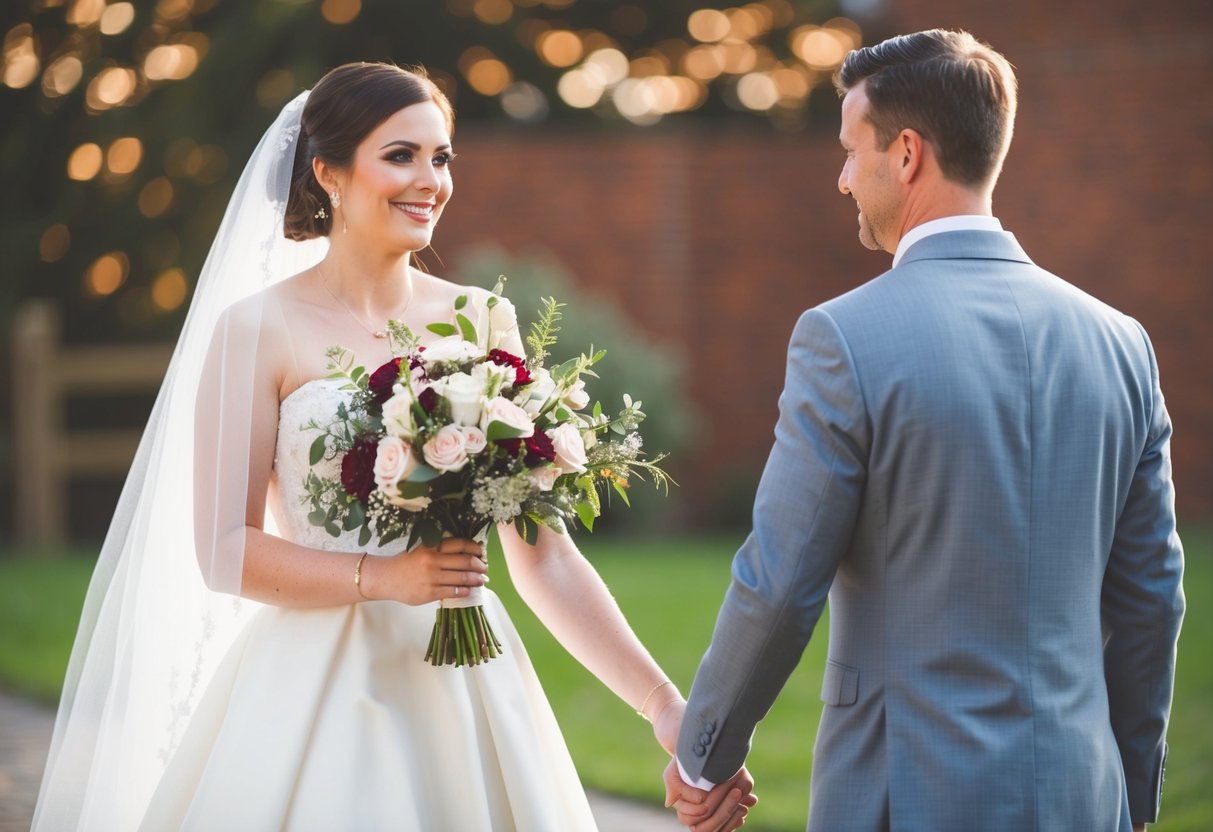 A bride walks on the left side of a groom, holding a bouquet