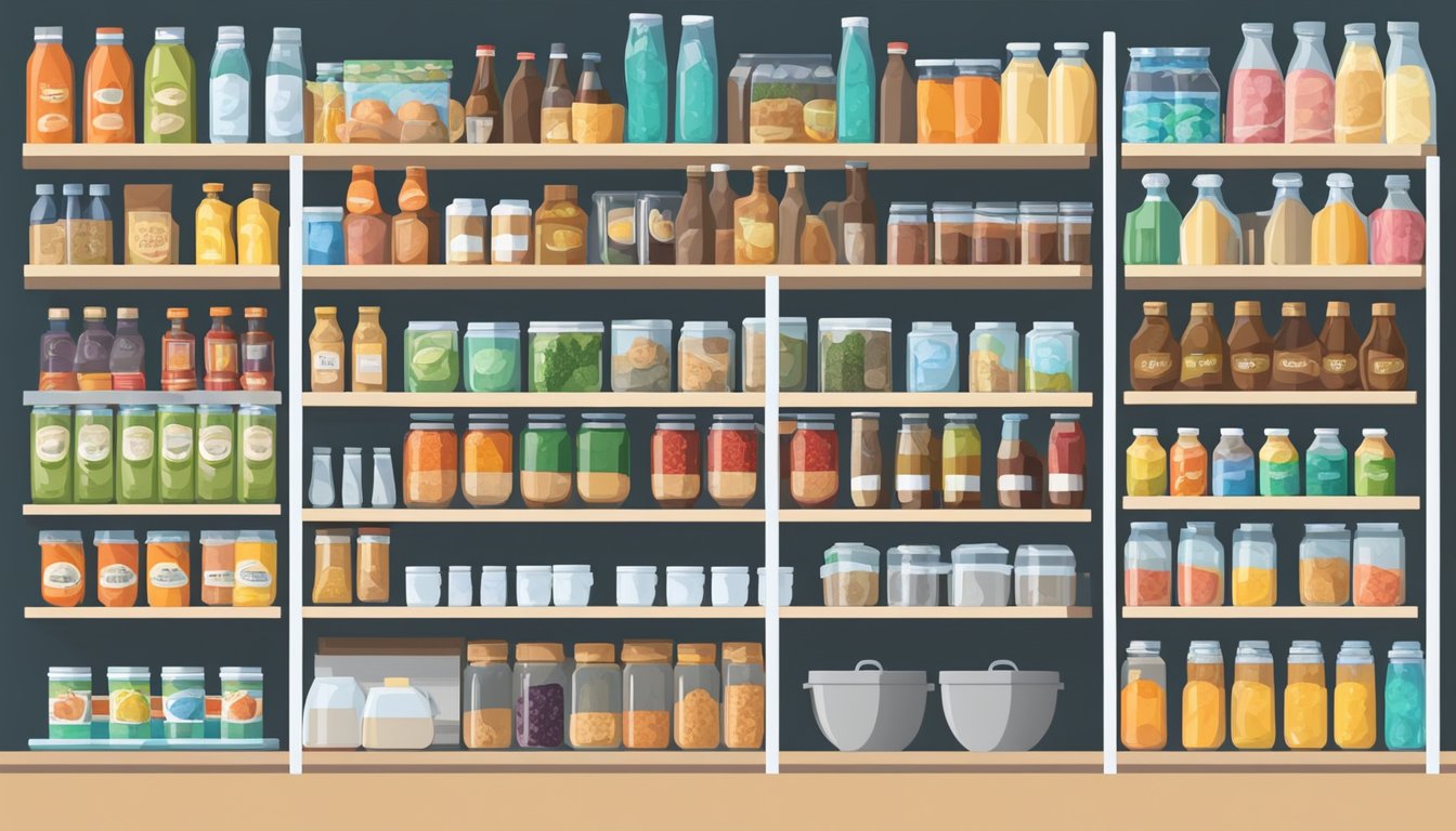 A fully stocked pantry with shelves filled with various beverages and pantry staples