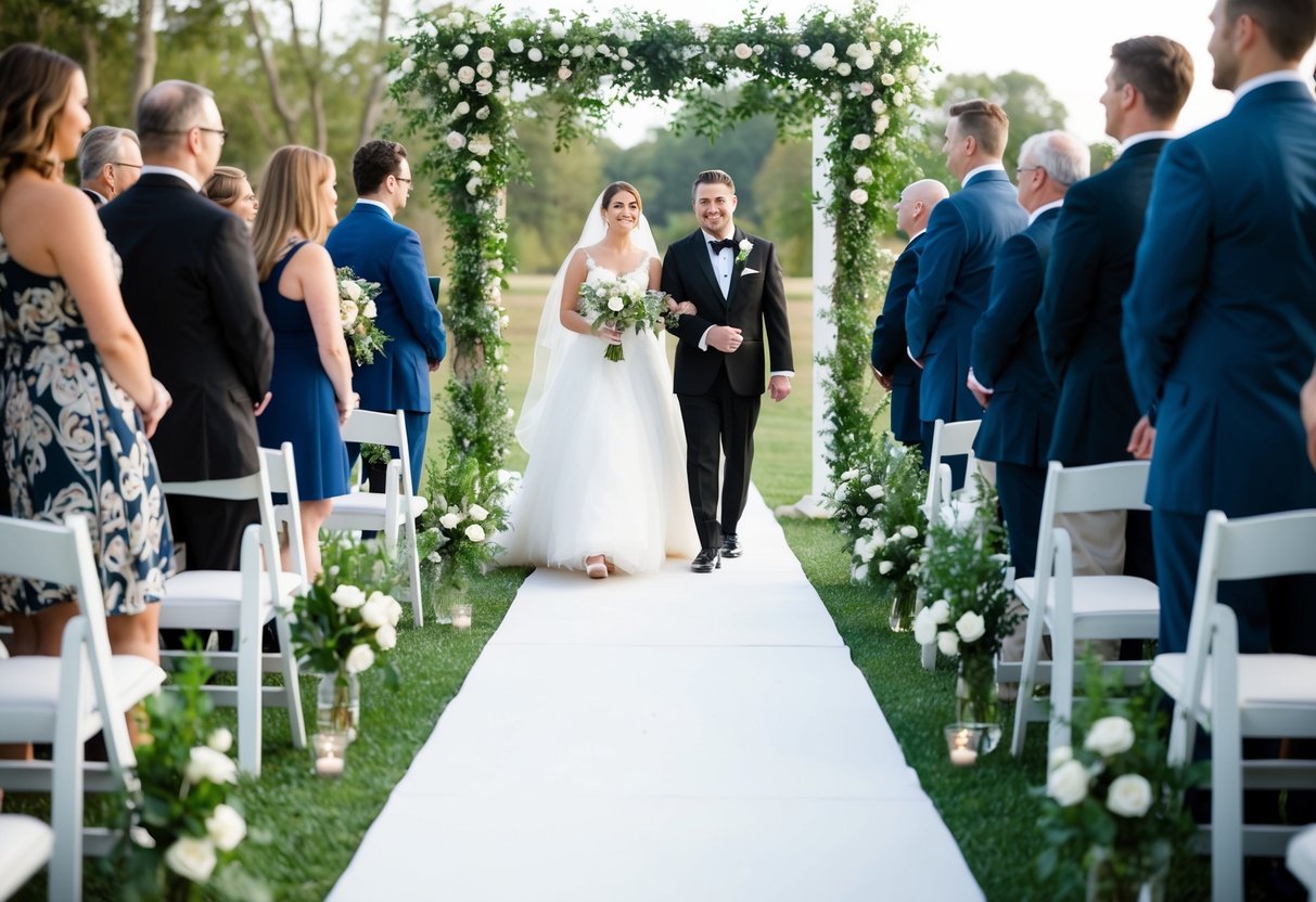 A bride walks on the left side of the aisle with the groom on the right, facing the officiant
