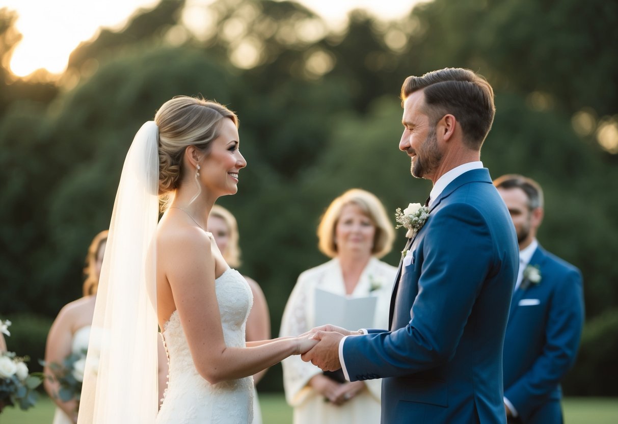A serene outdoor wedding ceremony with no wedding party, focusing on the couple exchanging vows in a simple and intimate setting