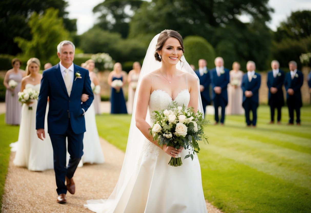 The bride walks on the left side during the wedding processional, accompanied by her father or escort