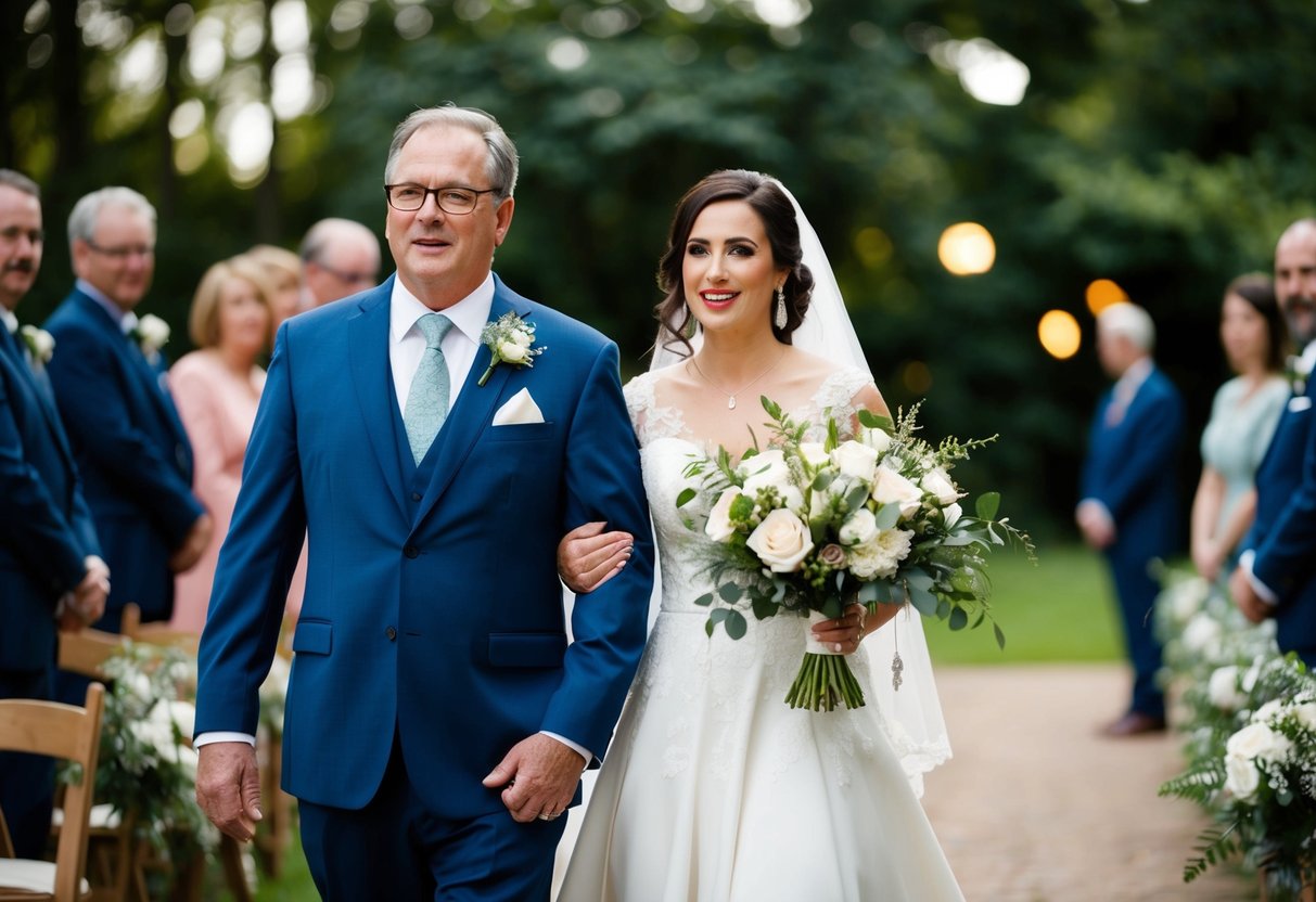 The bride walks on the left side, accompanied by her father or whoever is giving her away