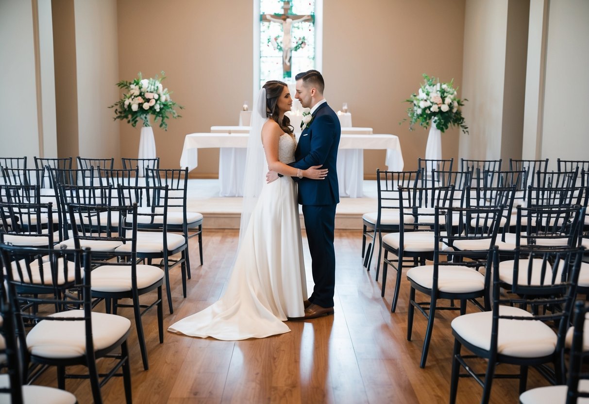A bride and groom stand alone at the altar, surrounded by rows of empty chairs. The focus is on the couple, symbolizing their decision to forgo a traditional wedding party