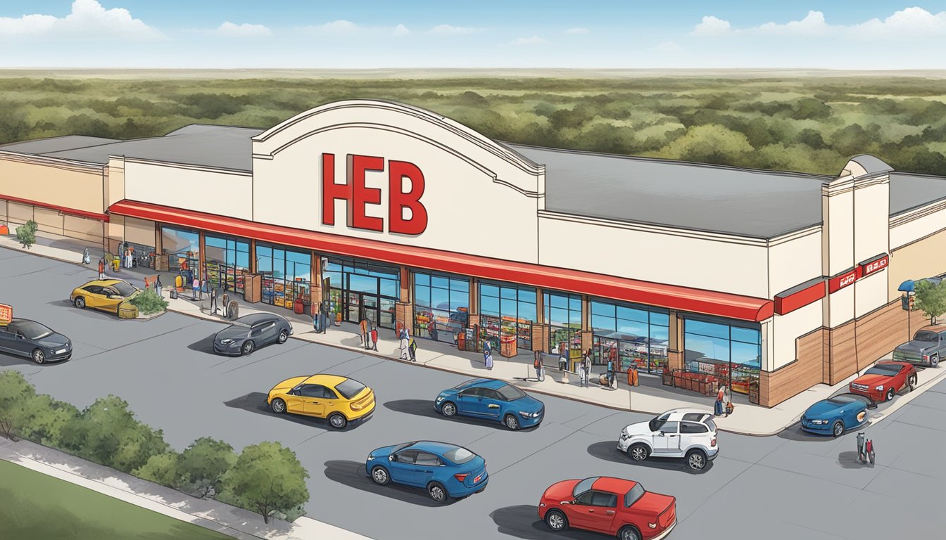 A bustling H-E-B store in Midland, Texas, with customers entering and exiting, cars in the parking lot, and the store's iconic logo displayed prominently