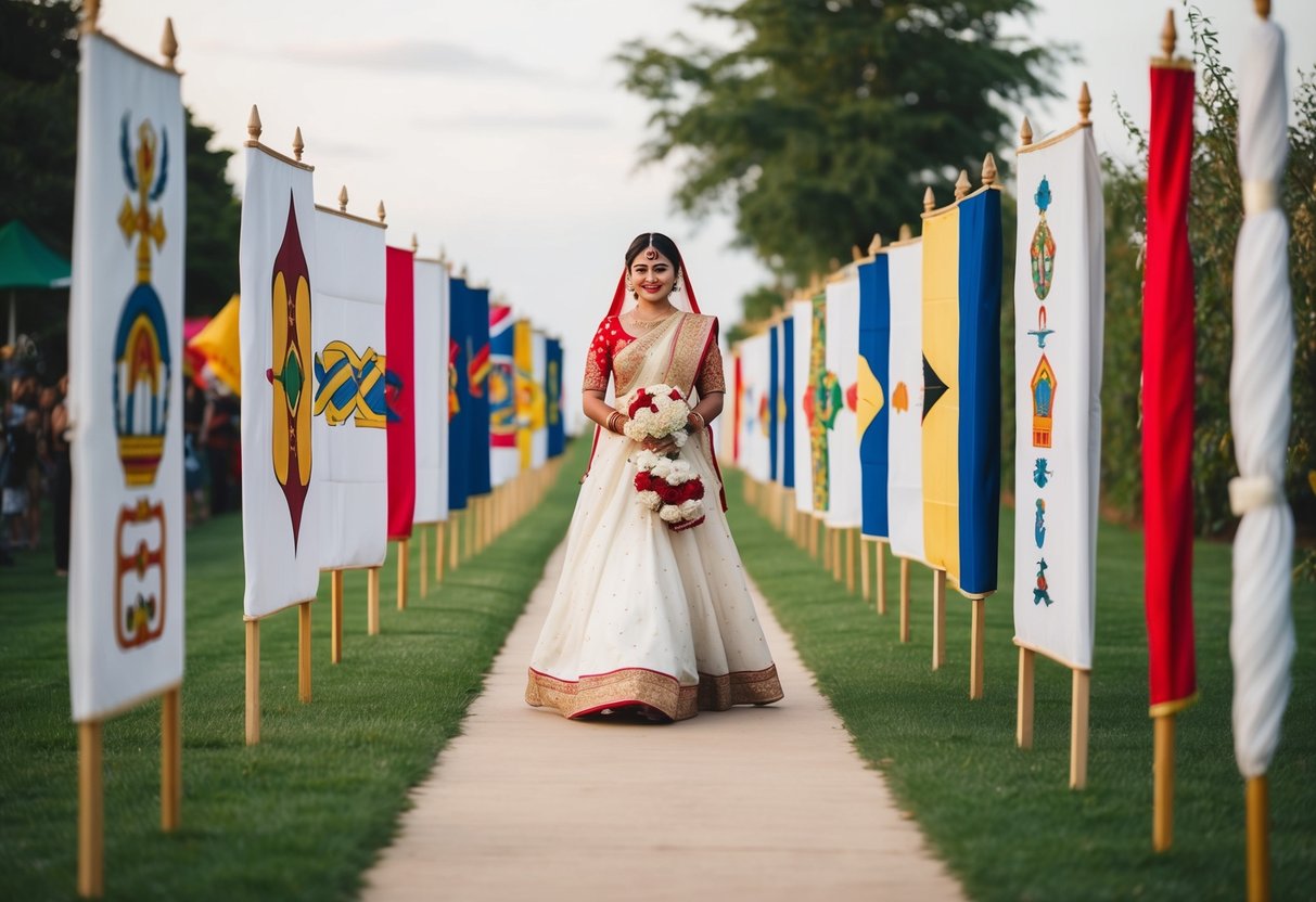 A bride walks down a path lined with traditional and modern cultural symbols, reflecting the variations in customs and beliefs