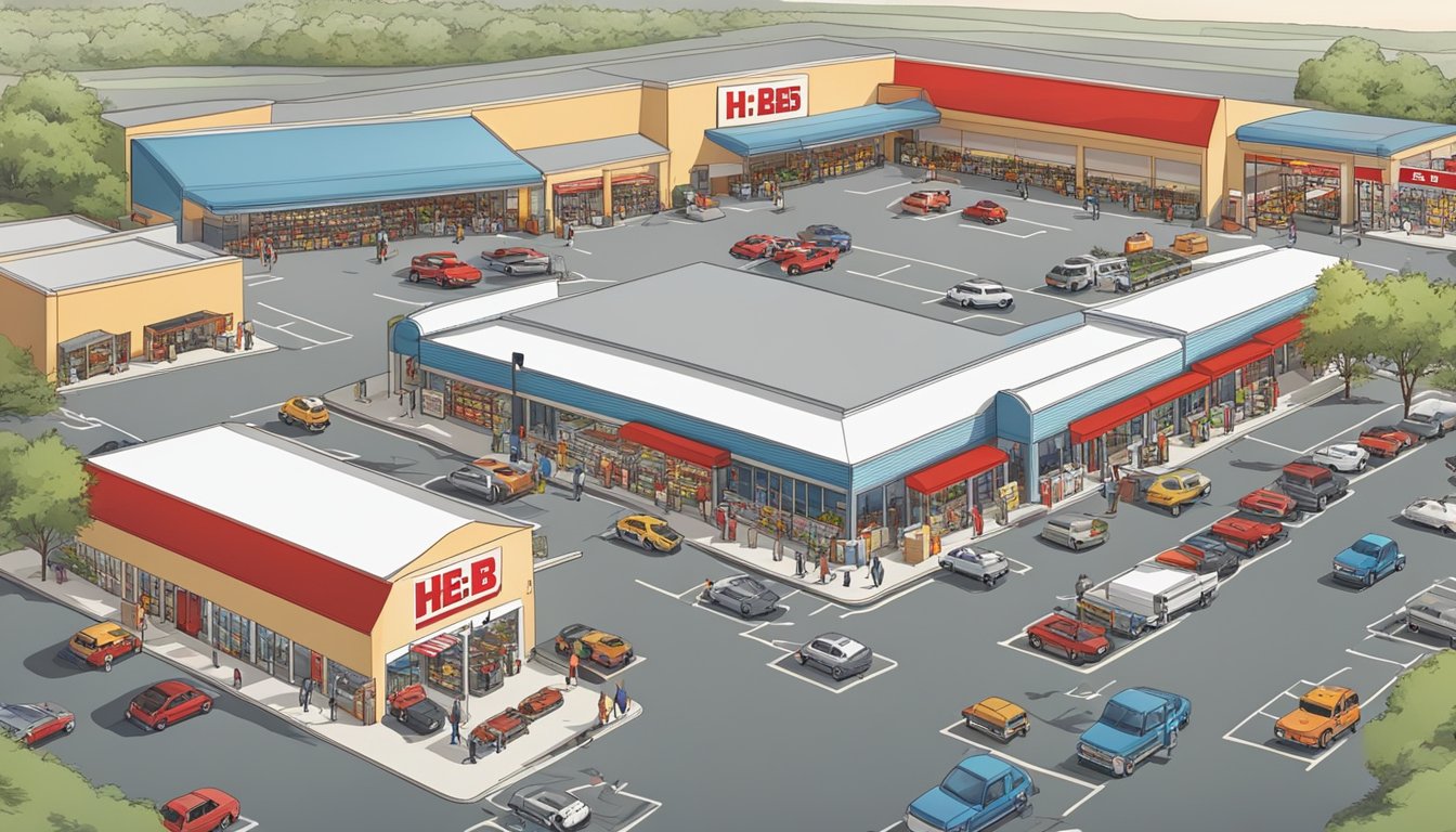 A busy H-E-B Midland store with customers entering and exiting, cars in the parking lot, and employees restocking shelves