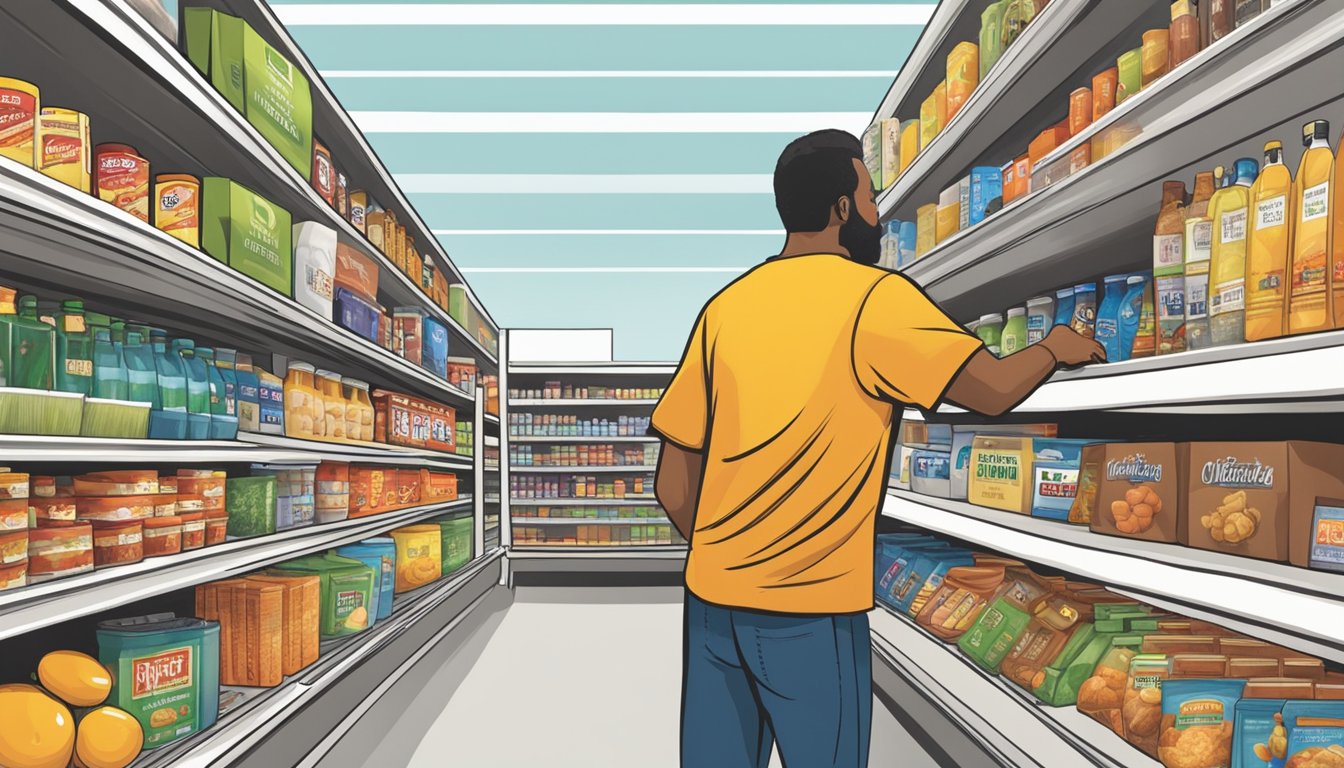 A customer browsing through shelves of products at HEB Midland