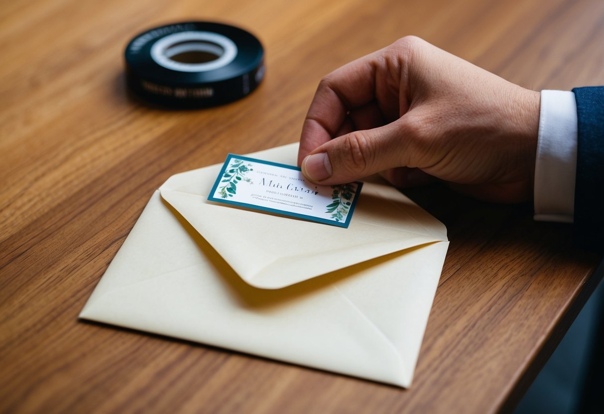 A hand placing a printed label onto a wedding invitation envelope